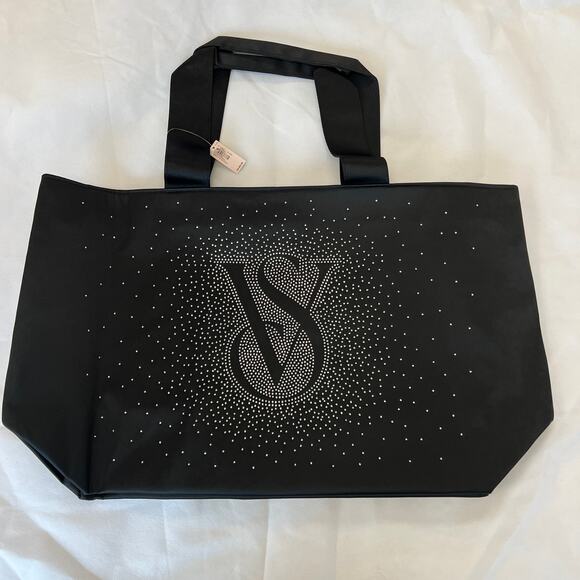Victoria’s Secret Tote Bag Black Shine Bling Rhinestone Logo Carryall Weekender - Picture 2 of 5